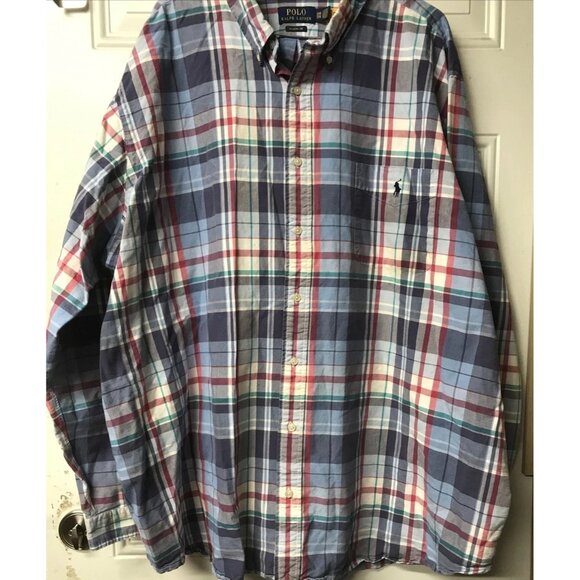 Polo Ralph Lauren Mens Long Sleeve Button Up Shirt Classic Fit Blue Plaid Sz 3XB - Picture 1 of 11